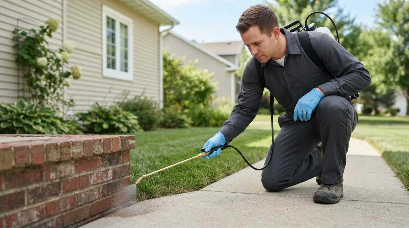 Pest control technician treating a home near Haralson, GA